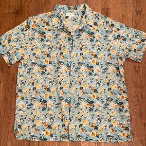 Club Room Blue Floral Short-Sleeve Silk blend Button-Up Shirt